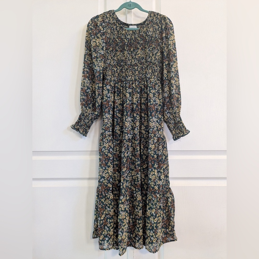 Apricot Floral Dress Long Sleeve Flowy Spring Fall Casual Women 6